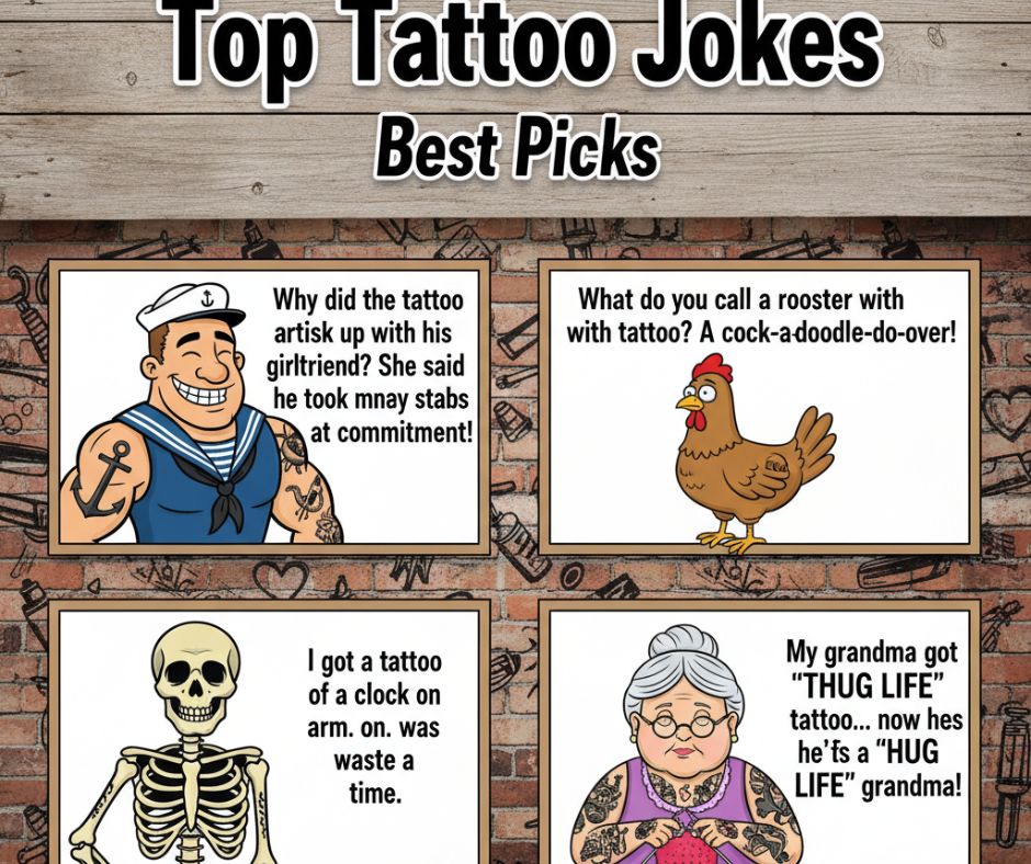 A collection of top tattoo jokes, featuring the best picks with witty humor, clever wordplay, and lighthearted laughs for readers."