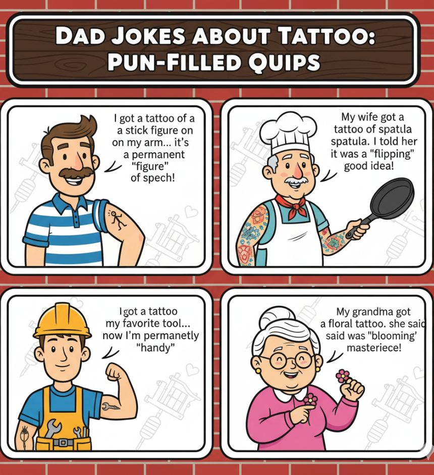 A collection of dad jokes about tattoos, featuring pun-filled quips, playful humor, and clever wordplay to entertain and amuse readers."