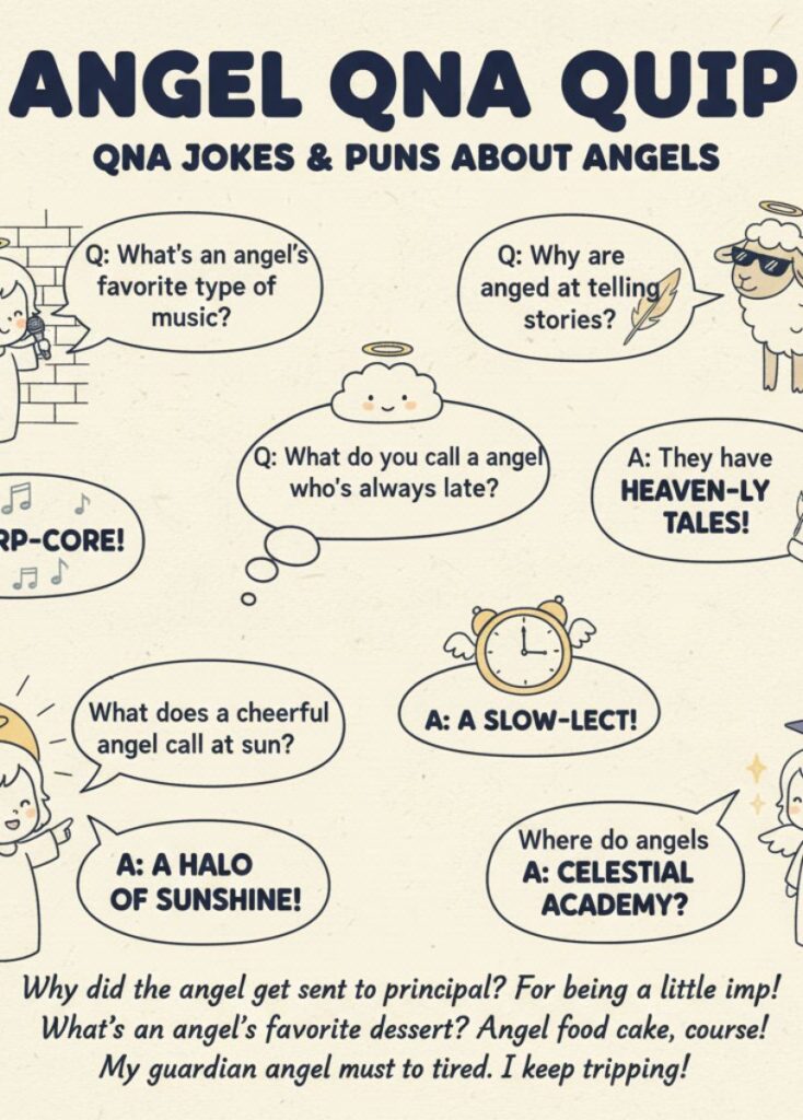 A collection of angel-themed Q&A jokes and puns, featuring playful humor, clever wordplay, and lighthearted laughs for readers to enjoy."