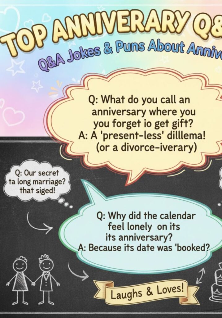 Funny anniversary Q&A jokes and puns, featuring clever quips and one-liners perfect for couples celebrating love with humor.