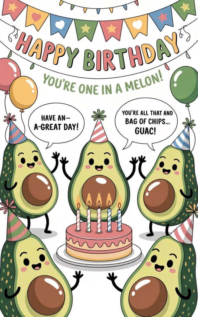 A festive image featuring avocado birthday puns with smiling cartoon avocados, balloons, and cakes sharing playful, celebratory, and food-themed humor.