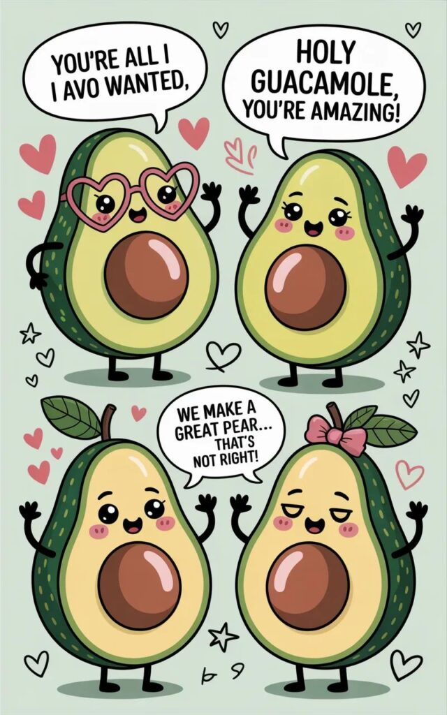 A cute, playful image featuring avocado puns with smiling cartoon avocados, toast, and guacamole sharing lighthearted, fun, and food-themed humor.
