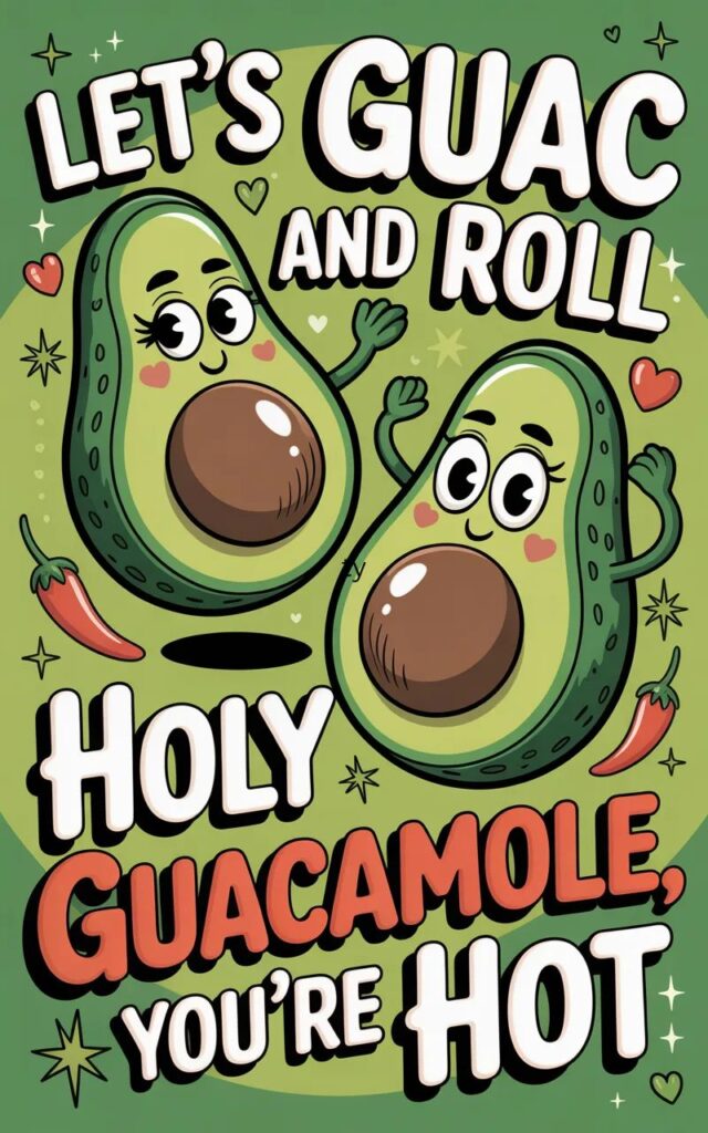 A cheeky, humorous image featuring avocado puns with a playful, adult twist, showing cartoon avocados delivering flirty and lighthearted mature humor.