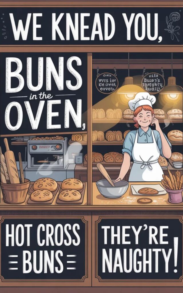A cheeky, funny image featuring bakery puns with a playful twist, showing cartoon bread and pastries sharing flirty, lighthearted humor in a fun, mature style.
