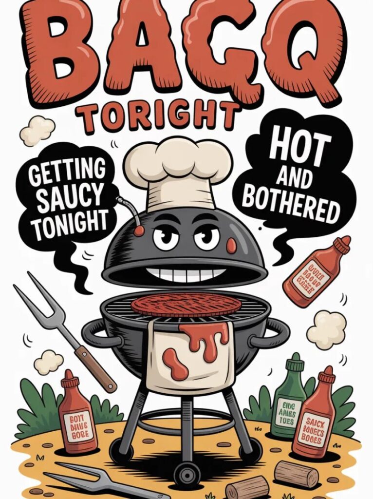 A cartoon grill with a cheeky grin and smoky background, representing playful and humorous adult-themed BBQ puns.