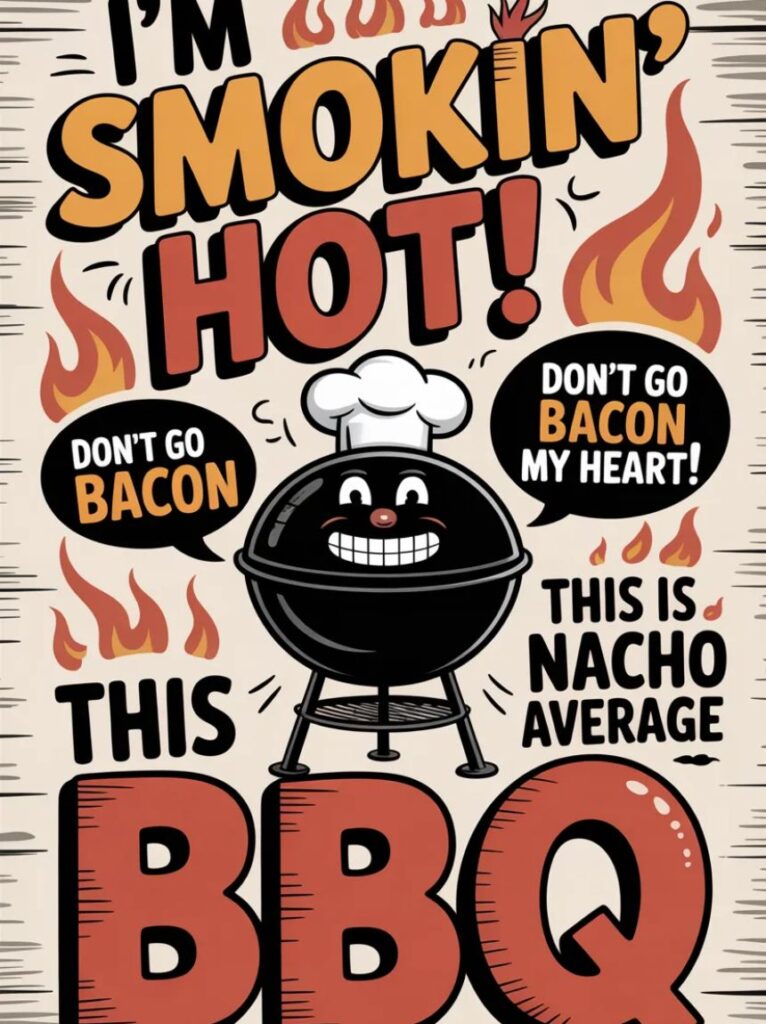 A smiling cartoon BBQ smoker with smoke rising and happy food characters around it, representing funny and clever BBQ smoker puns.