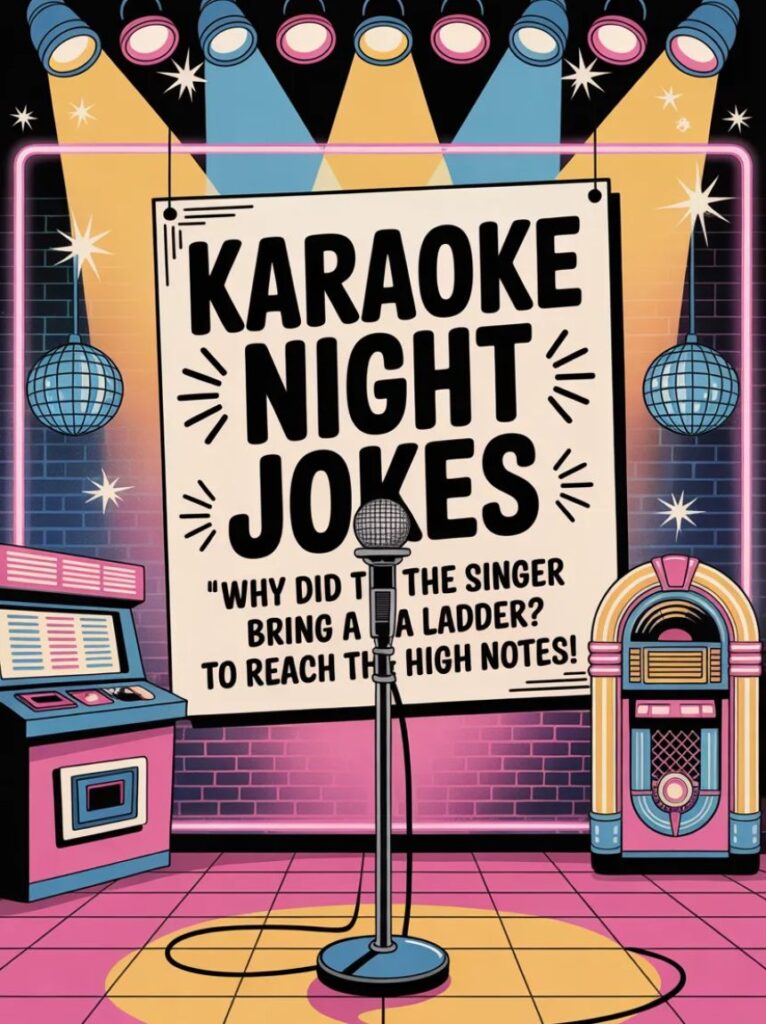 A happy cartoon singer on stage with a microphone, representing the best and funniest karaoke jokes