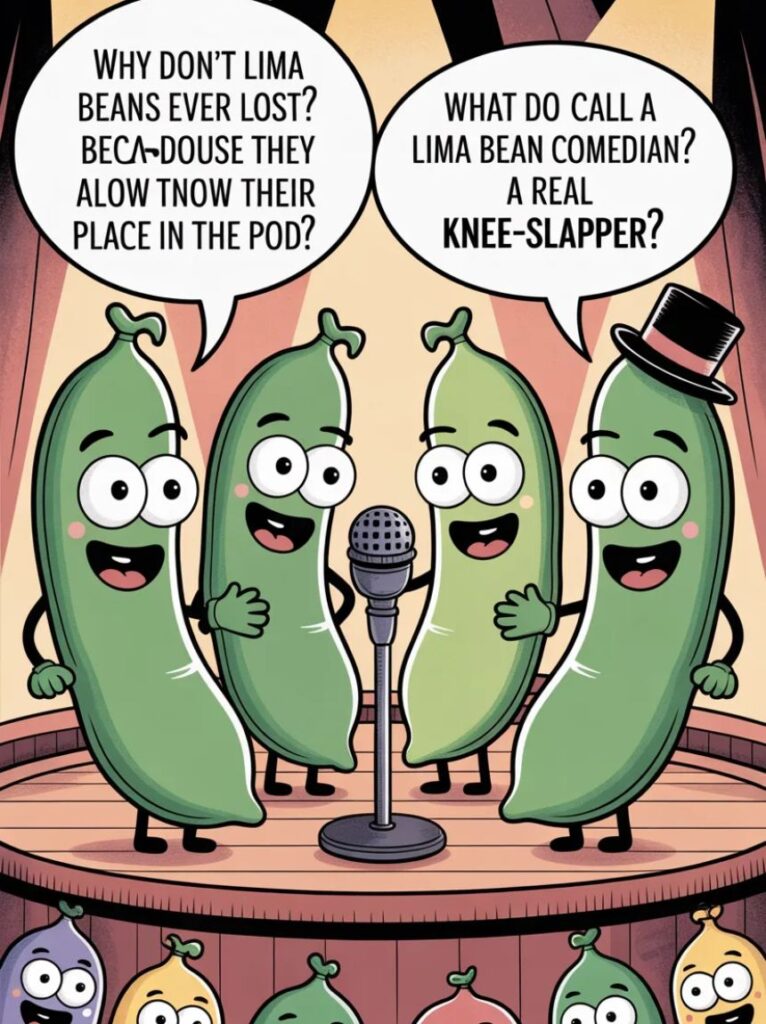 A cheerful cartoon lima bean with a big smile, representing the best and funniest lima jokes