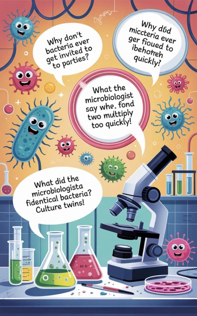 A humorous image showcasing the best microbiology jokes with smiling cartoon bacteria, microscopes.