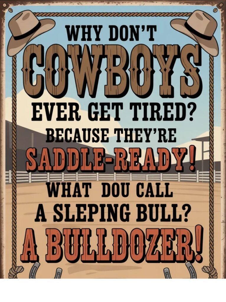 A cowboy laughing at a rodeo while riding a bucking horse, surrounded by cheering crowd, symbolizing the humor and fun of the best rodeo jokes.