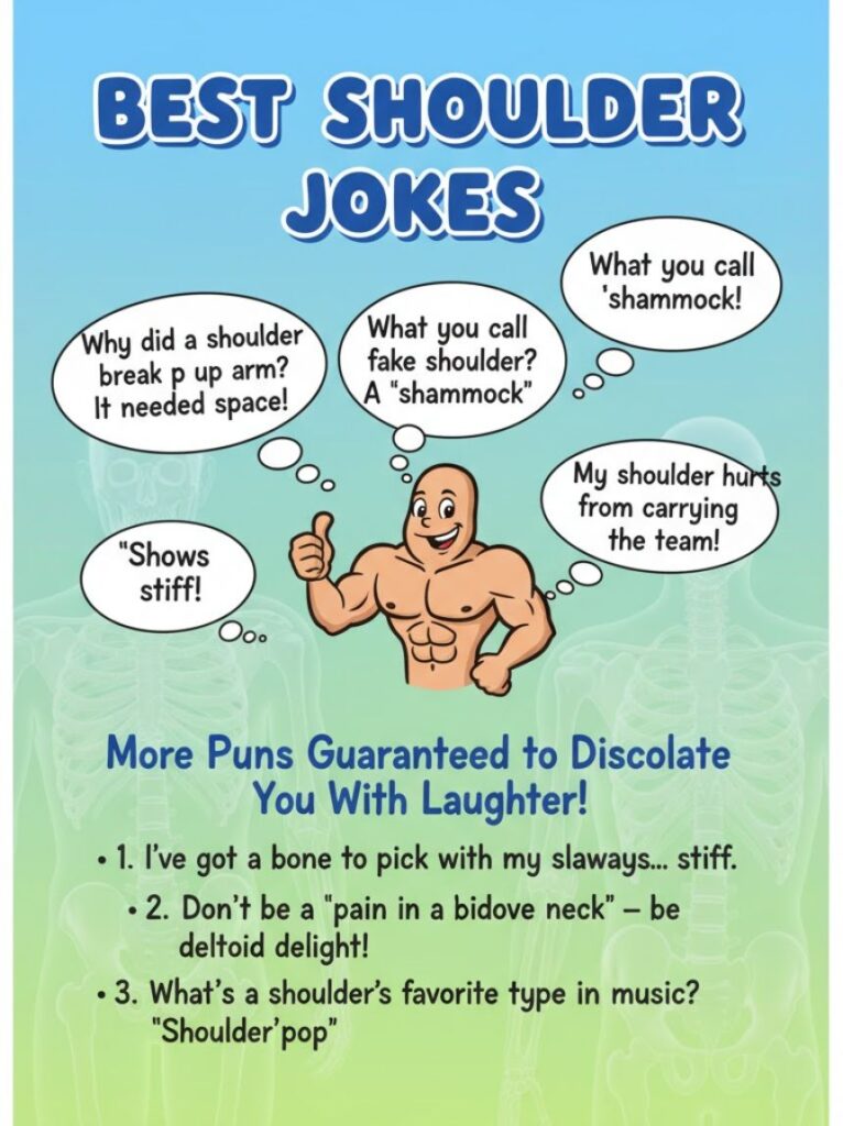 A happy person pointing to their shoulder while laughing with friends, showing the fun and humor behind the best shoulder jokes