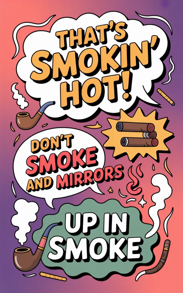  A trendy image showcasing the best smoking puns for Instagram with cartoon cigarettes, cigars, and smoke designs sharing witty, shareable humor.