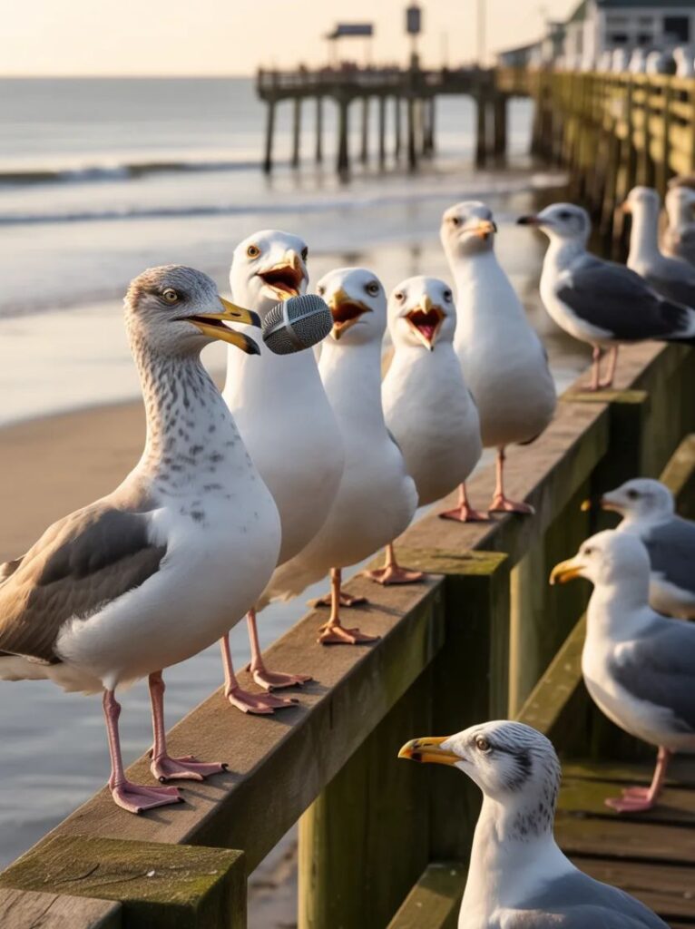 A humorous image featuring bonus seagull roasts with cartoon seagulls delivering playful, cheeky insults and funny expressions