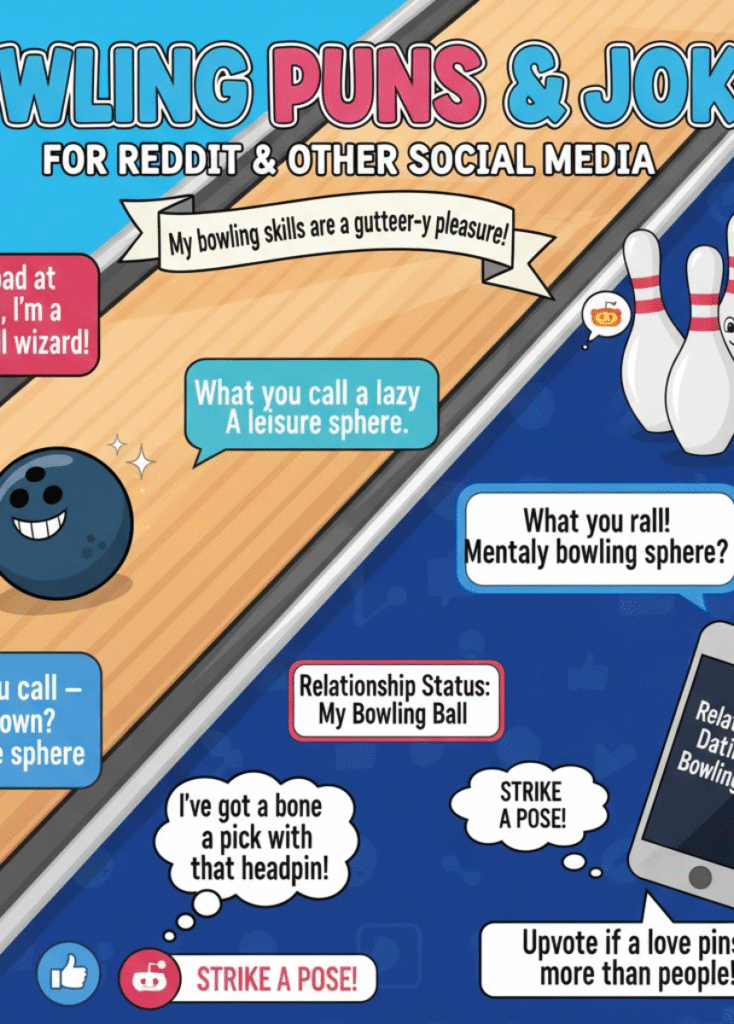 "Graphic showing people bowling and laughing, representing funny bowling puns and jokes perfect for Reddit and social media."