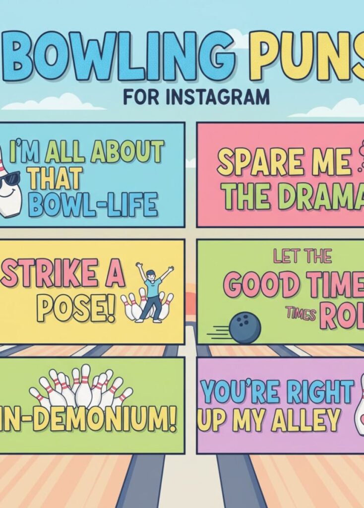 "Fun illustration of a bowler striking pins, highlighting clever and funny bowling puns for Instagram posts."