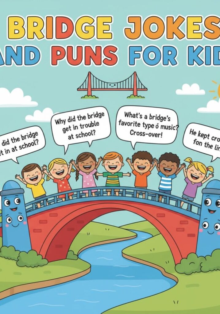 Kid-friendly bridge jokes and puns collection with playful one-liners and light-hearted humor, perfect for sharing laughs with children."