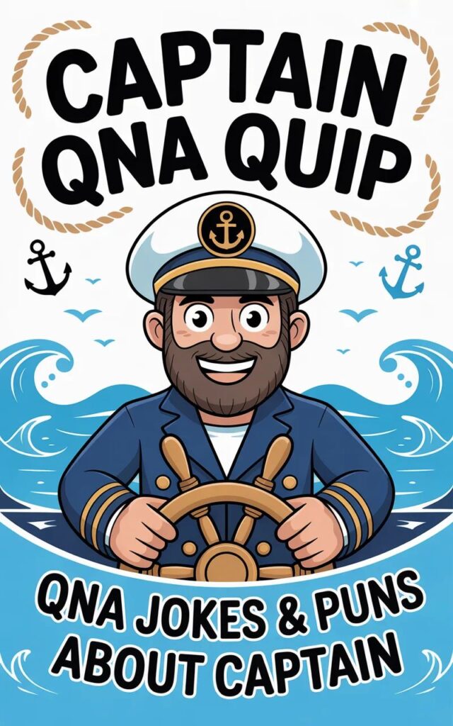 A playful image featuring captain Q&A quips with cartoon captains and ships sharing funny, pun-filled questions and answers.