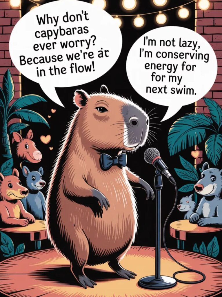 A happy cartoon capybara smiling with friends, representing clever and funny one-liner jokes about capybaras.