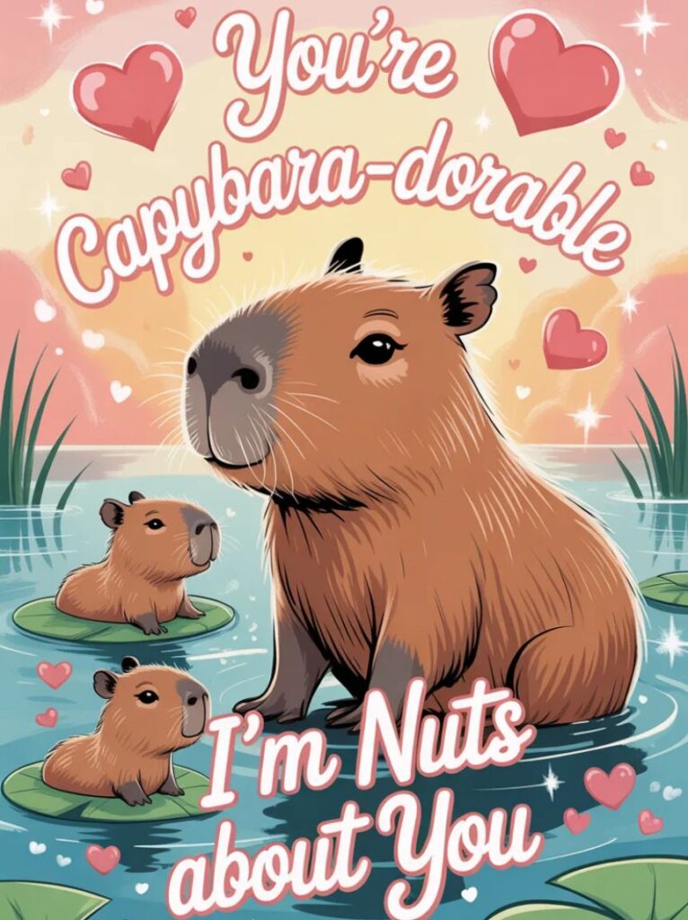 A cute capybara holding a heart, surrounded by playful hearts and text, representing love-themed capybara puns.