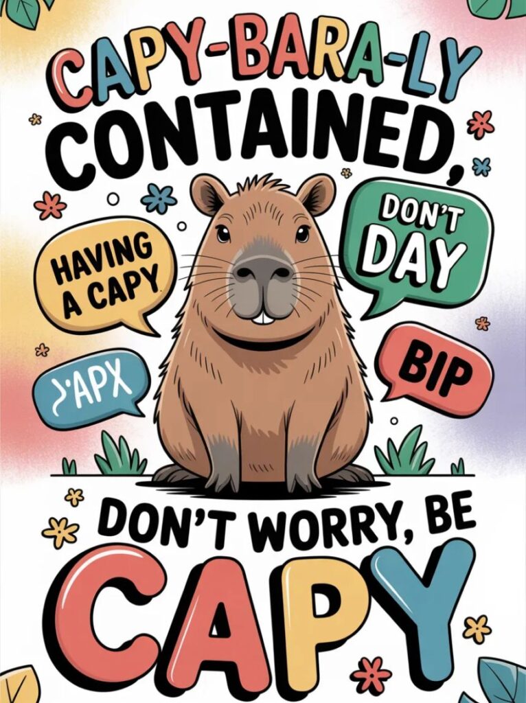 A cheerful capybara surrounded by playful text and icons, representing clever wordplay and puns featuring capybaras.