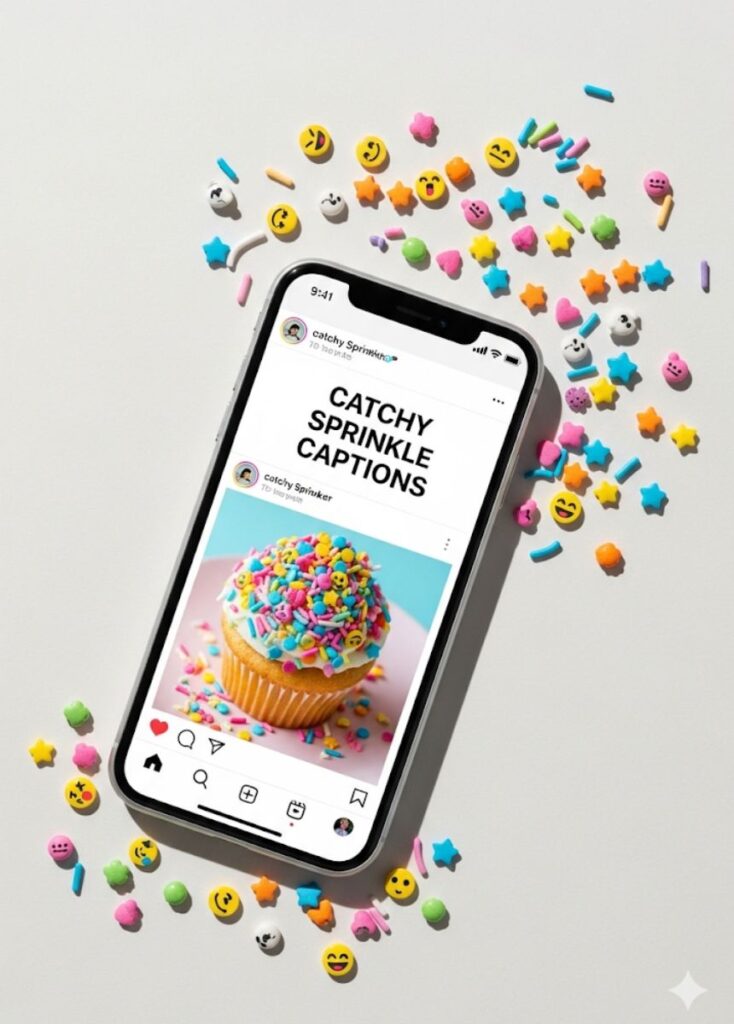 A collection of catchy sprinkle-themed captions, featuring playful humor, witty wordplay, and fun ideas to brighten up social media posts."