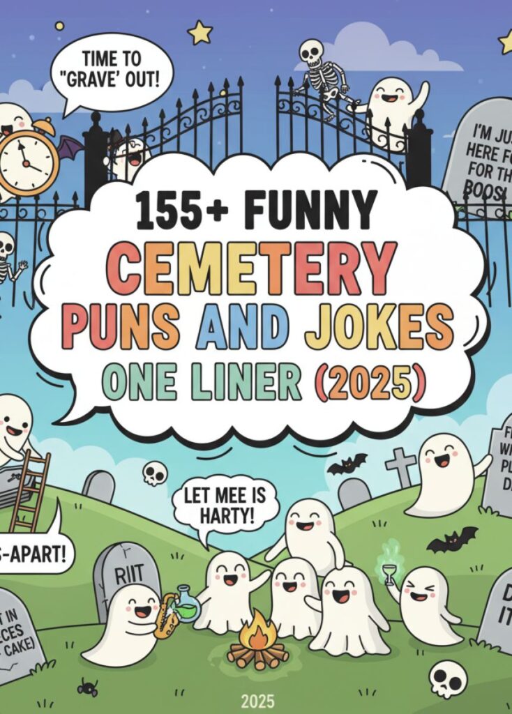 A collection of cemetery-themed jokes titled 'Dying to Get In,' featuring playful humor, clever wordplay, and lighthearted spooky laughs for readers.