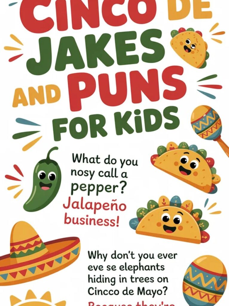 A bright, cheerful image featuring Cinco de Mayo jokes and puns for kids with cartoon tacos, sombreros, and maracas sharing playful, child-friendly humor.