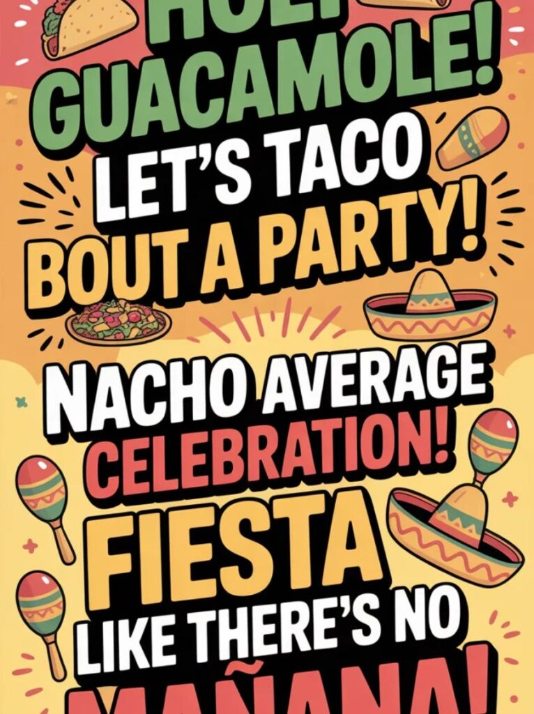 A fun, festive image showcasing Cinco de Mayo puns and captions with tacos, sombreros, and maracas, perfect for social media posts and playful holiday humor.