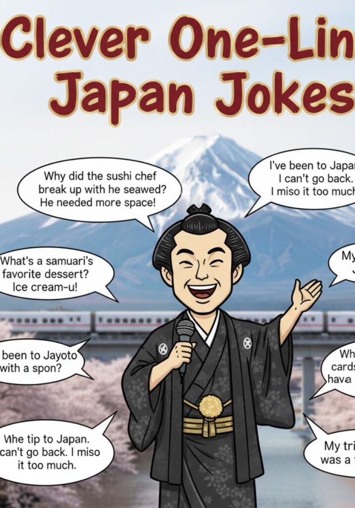 Clever one-liner Japan jokes featuring witty wordplay and funny cultural humor perfect for sharing laughs with friends or online.