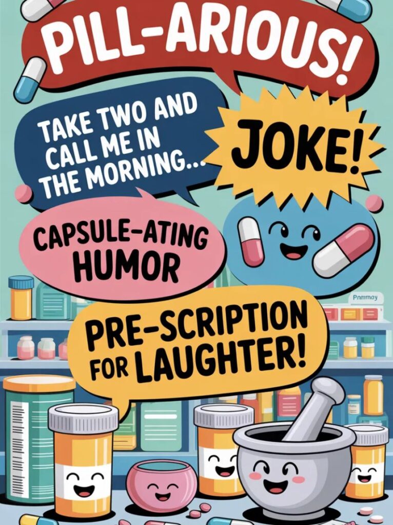 A witty image showcasing clever pharmacy puns with smiling pill bottles and prescription labels making smart, funny jokes