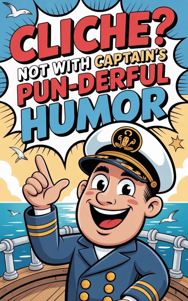 A humorous image showcasing captain-themed pun-derful humor with cartoon captains and ships, turning clichés into clever, funny nautical wordplay