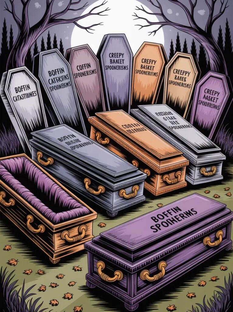 A spooky yet funny image featuring coffin catastrophes and creepy casket spoonerisms with cartoon coffins,