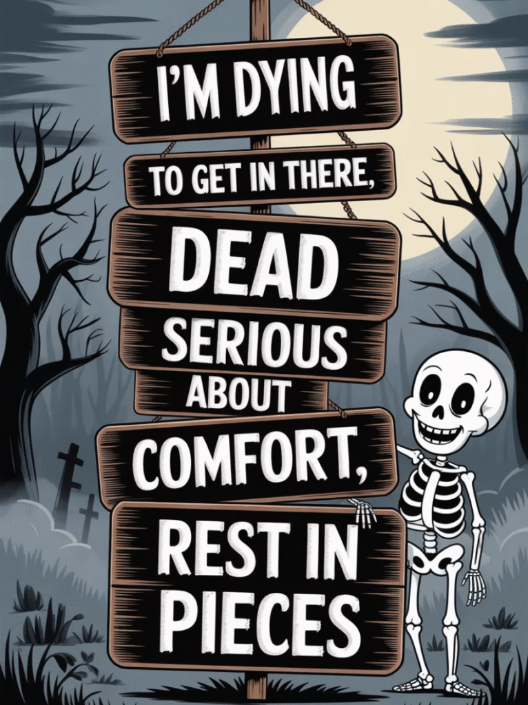 A playful image featuring coffin puns and one-liners with cartoon coffins, tombstones, and ghosts delivering short