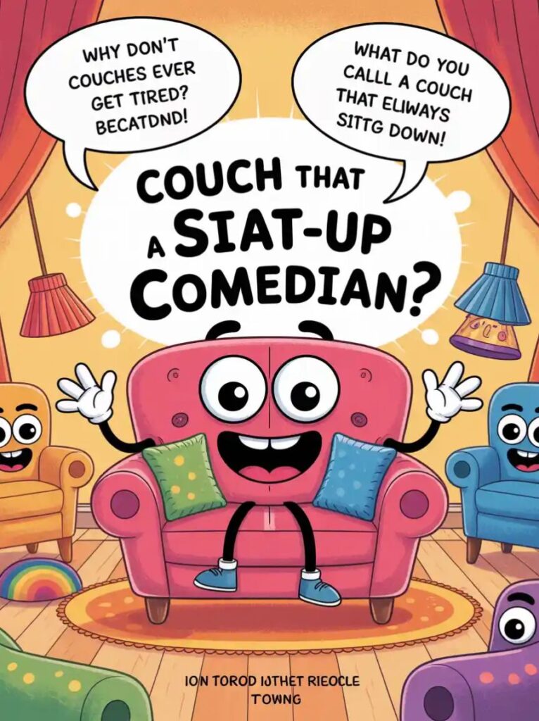 "Kid-friendly couch jokes and puns with funny one-liners and playful furniture humor, perfect for children to enjoy and share laughs.