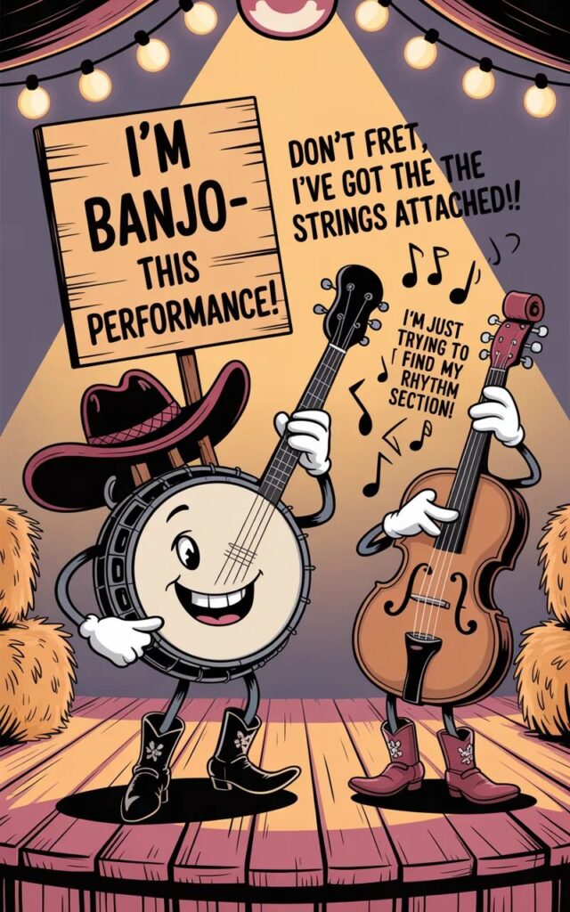 A fun image featuring country music and instrument puns 🎸🎶 with guitars, banjos, and cowboy hats sharing playful, musical humor