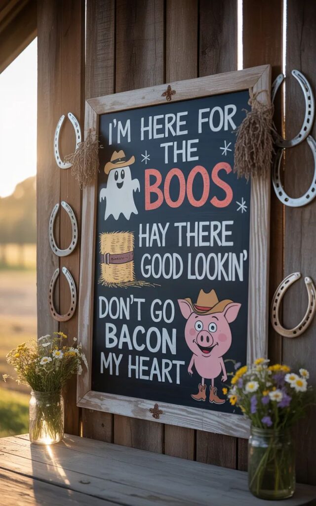 A cheeky, humorous image featuring country music puns with a playful twist, showing guitars, cowboy boots, and flirty jokes in a lighthearted, mature, and fun style.
