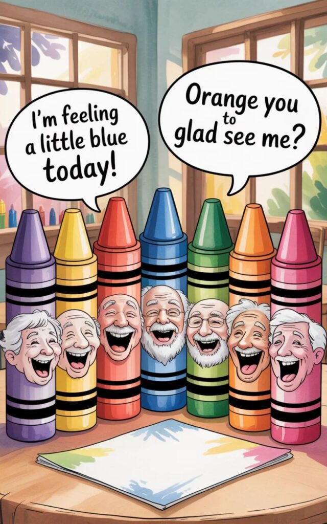 A gentle, humorous image featuring crayon jokes and puns for elders with colorful crayons and playful, lighthearted humor suitable for seniors and social media.