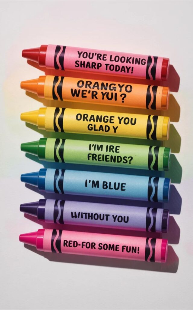 A colorful, fun image featuring crayon puns for Instagram with bright crayons, playful doodles, and witty text perfect for shareable social media posts.