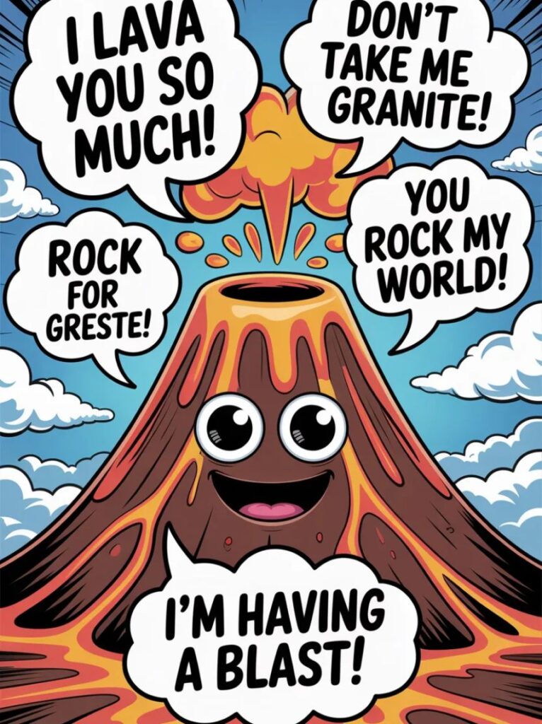 A cartoon volcano erupting with colorful lava and smiling emojis, representing creative and funny volcano puns