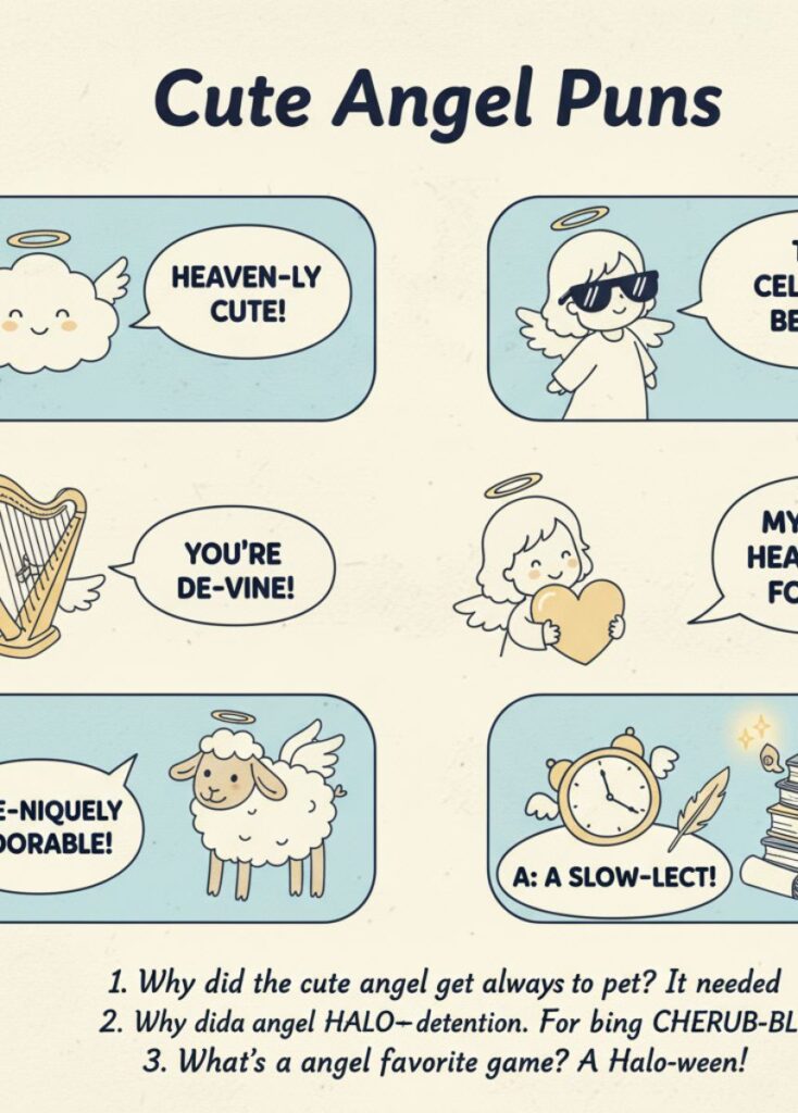 A collection of cute angel-themed puns, featuring playful humor, clever wordplay, and lighthearted laughs perfect for readers to enjoy