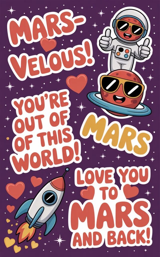 A cute, playful image featuring Mars puns with smiling cartoon planets, rockets, and astronauts delivering lighthearted and fun space-themed humor.