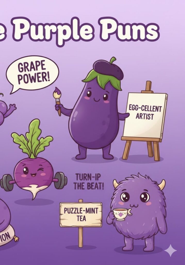 A charming set of cute purple puns featuring hearts, flowers, and soft violet tones.