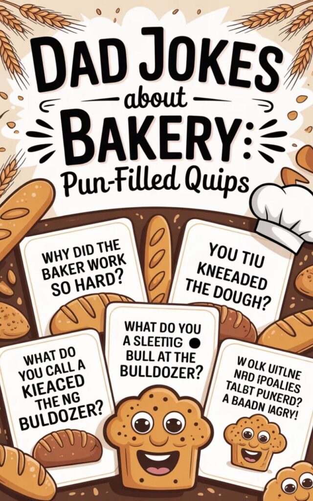 A humorous image featuring dad jokes about bakeries with cartoon bread and pastries delivering pun-filled quips and lighthearted humor