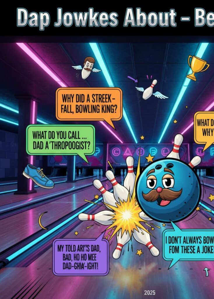 "Cartoon of a dad making pun-filled bowling jokes while holding a bowling ball, with family laughing at his quips."