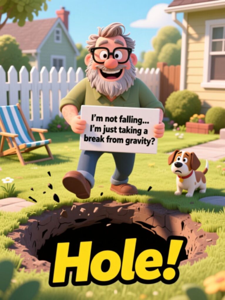 A smiling dad holding a small toy hole, telling pun-filled jokes to kids who are laughing, capturing the playful and witty spirit of hole-themed dad jokes.