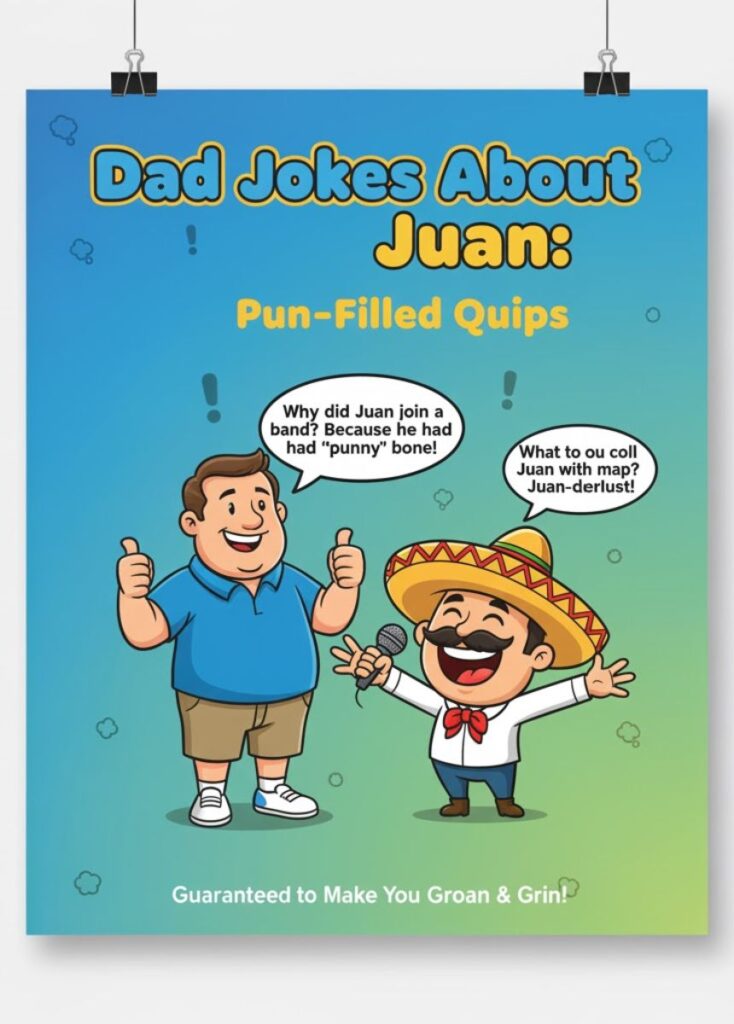 "Cartoon of a dad telling pun-filled jokes about Juan, with family laughing at his playful quips."