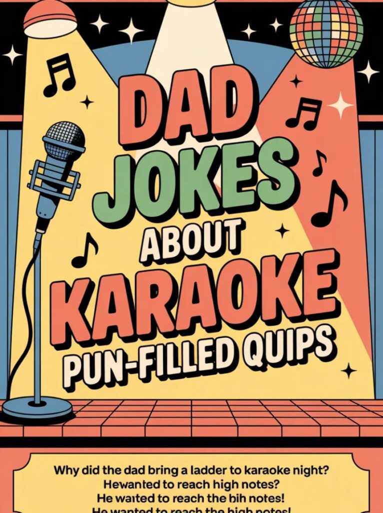 A smiling dad holding a microphone, telling pun-filled karaoke jokes that make kids and family laugh, representing playful dad humor.