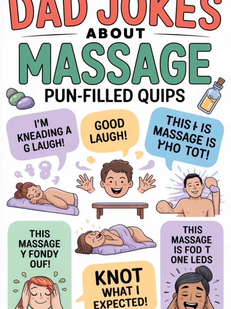 A humorous image featuring dad jokes about massage with funny puns, cartoon dads at a spa, and lighthearted quips