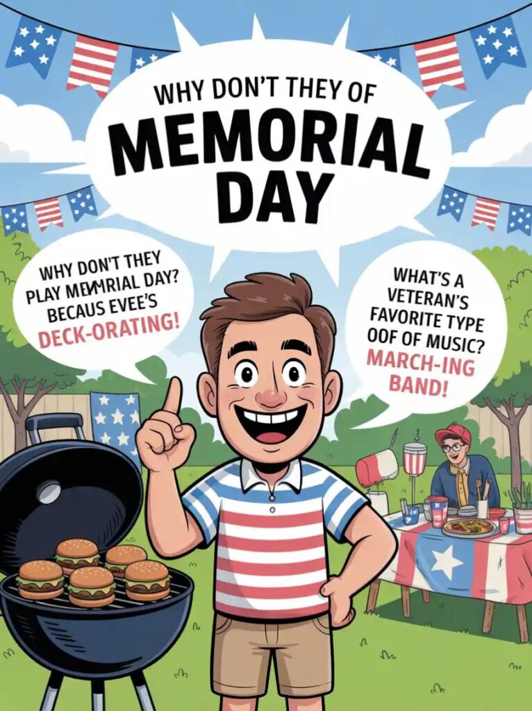 "Funny Memorial Day dad jokes with pun-filled one-liners, patriotic humor, and clever quips perfect for family, friends, and social media laughs."