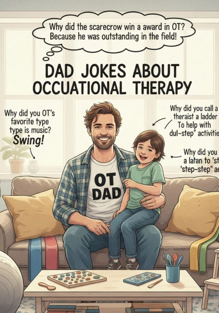 "Dad jokes about occupational therapy with pun-filled quips and clever one-liners, perfect for therapists and fans of healthcare humor."